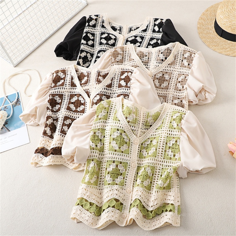 Xiangbao Áo Cardigan Dệt Kim Tay Ngắn Phồng Cài Nút Kiểu Vintage Cho Nữ