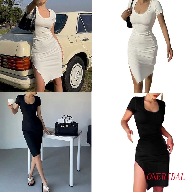 Đầm Midi Tay Ngắn Cổ Chữ U Khoét Sâu Màu Trơn Dáng Bút Chì Ôm Sát Quyến Rũ Thời Trang Mùa Hè Cho Nữ