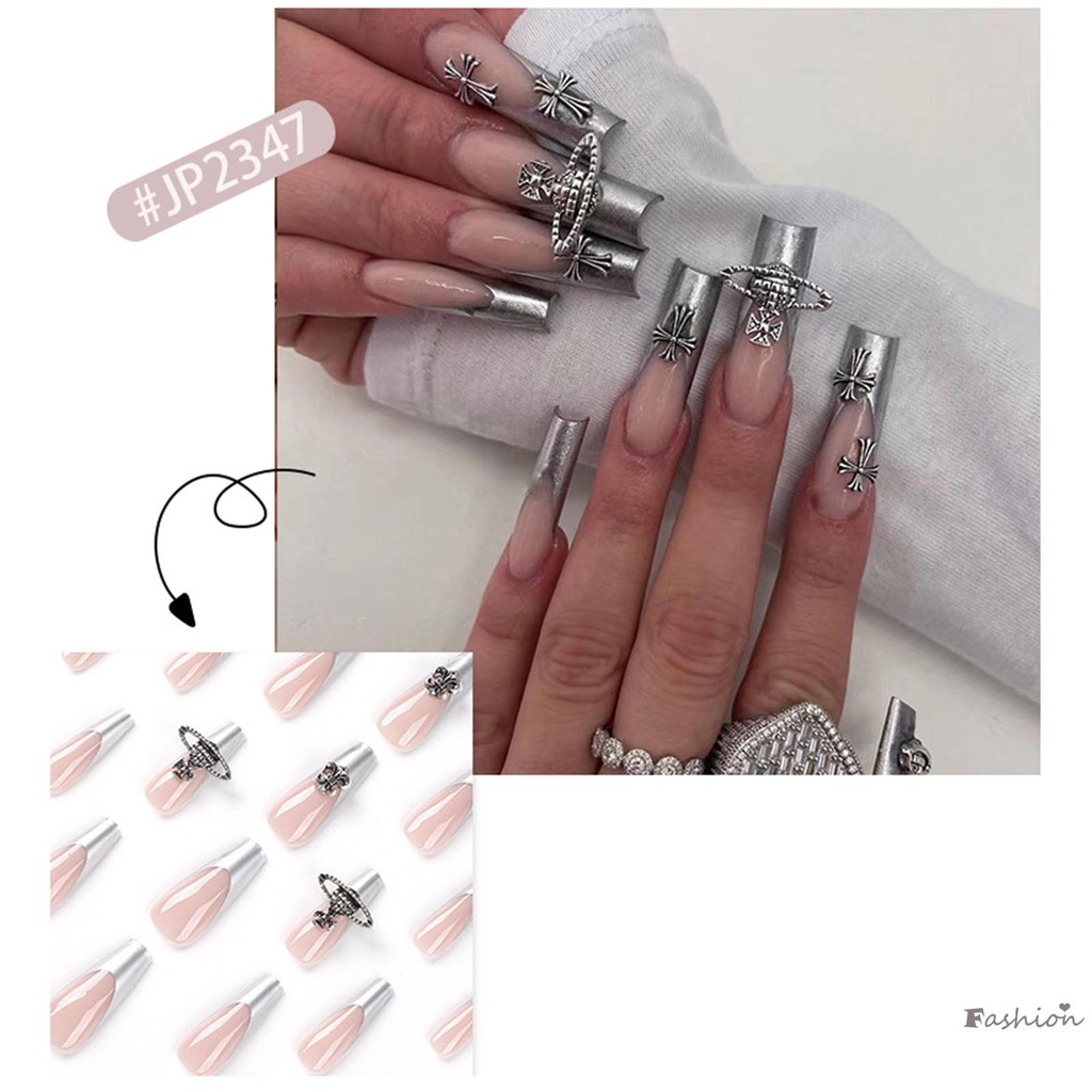 Móng Tay Giả Dài Viền Bạc Kiểu Pháp Màu Sắc Cá Tính