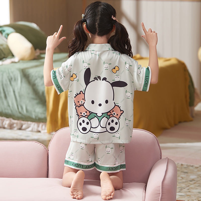 Bộ Đồ Ngủ Tay Ngắn Bằng Lụa Mát Mỏng Phong Cách Mới Dành Cho Bé Gái