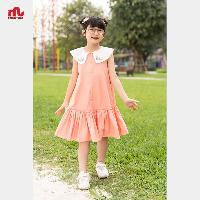 Váy sát nách bé gái Riomio đầm thô cotton cao cấp cổ bẻ thêu hoa 3,4,5,6,7,8,9 tuổi dã ngoại đi học RV575