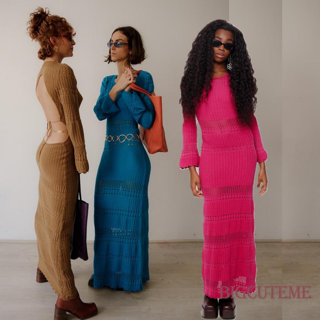 Đầm Ôm Dệt Kim Tay Dài Hở Lưng Màu Sắc Thời Trang Dành Cho Nữ