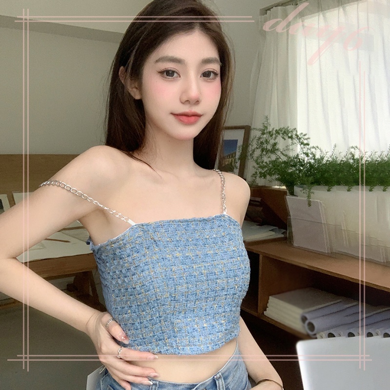 Áo Croptop Hai Dây Vải Lụa Họa Tiết Kẻ Sọc Dáng Ôm Thời Trang Quyến Rũ Cho Nữ