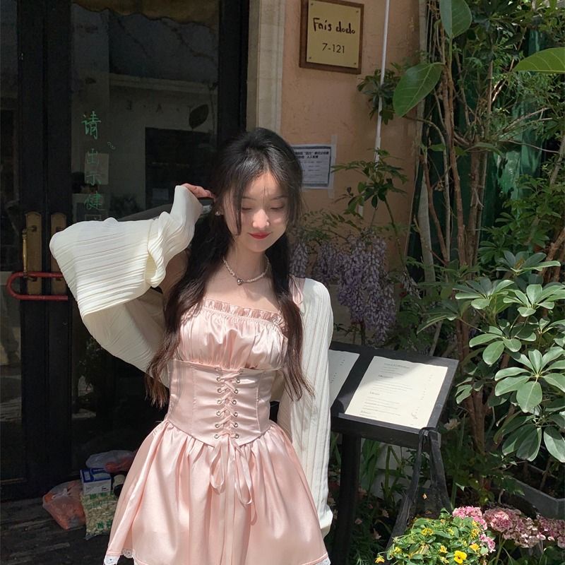 Set Áo Khoác Cardigan + Đầm Hai Dây Phối Ren Thời Trang Mùa Hè Cho Nữ