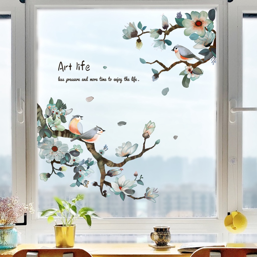 Miếng Dán Kính Cửa Sổ Tĩnh Điện Hai Mặt Chống Tia uv Họa Tiết Chim Và Nhánh Cây Kiểu Trung Hoa Juv005