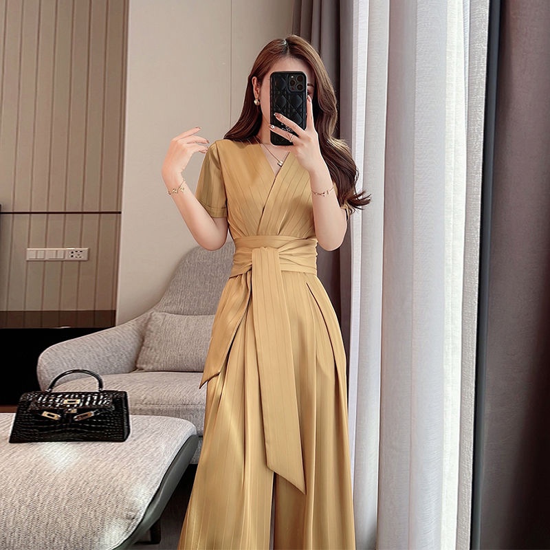 Design striped one-piece jumpsuit lace-up high waist straight casual wide leg jumpsuit for women