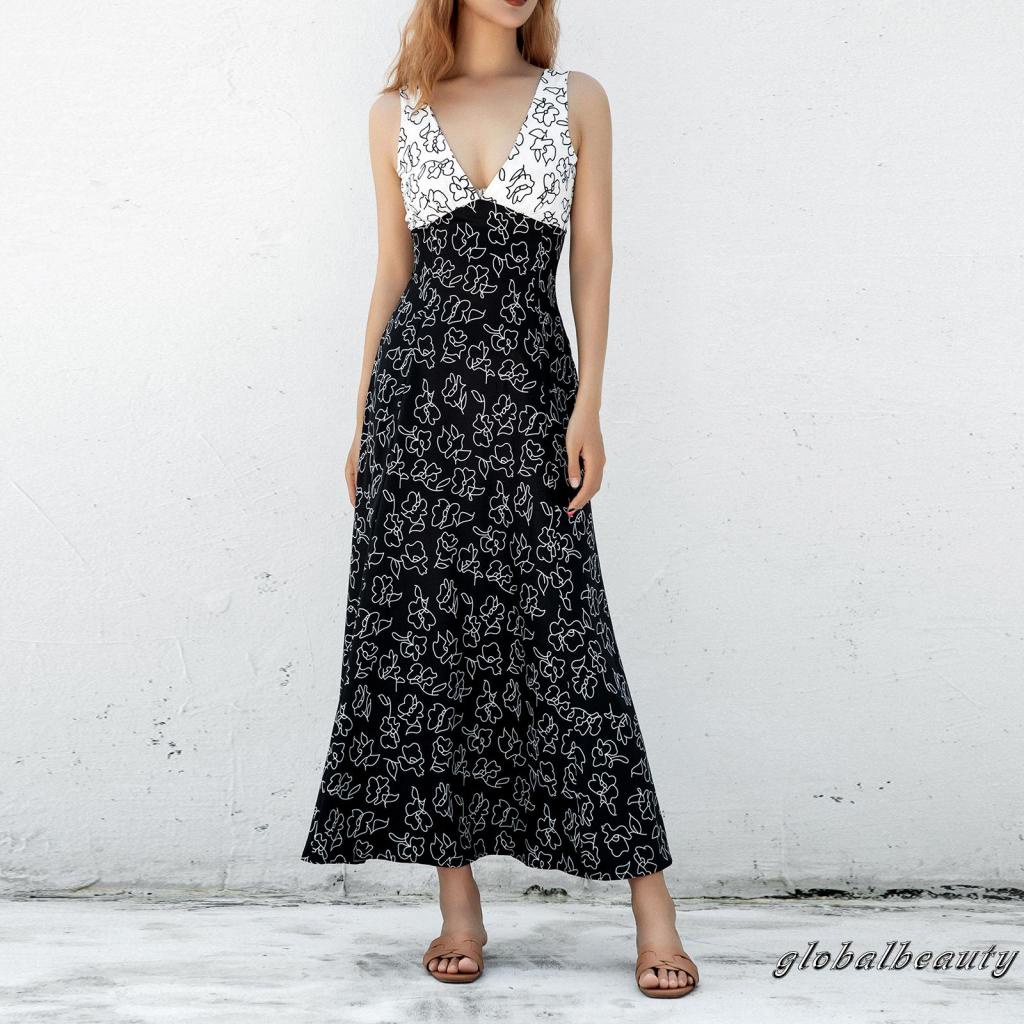 Đầm Dài Không Tay Cổ Chữ V Hở Lưng In Họa Tiết Hoa Dành Cho Nữ Dự Tiệc Cocktail