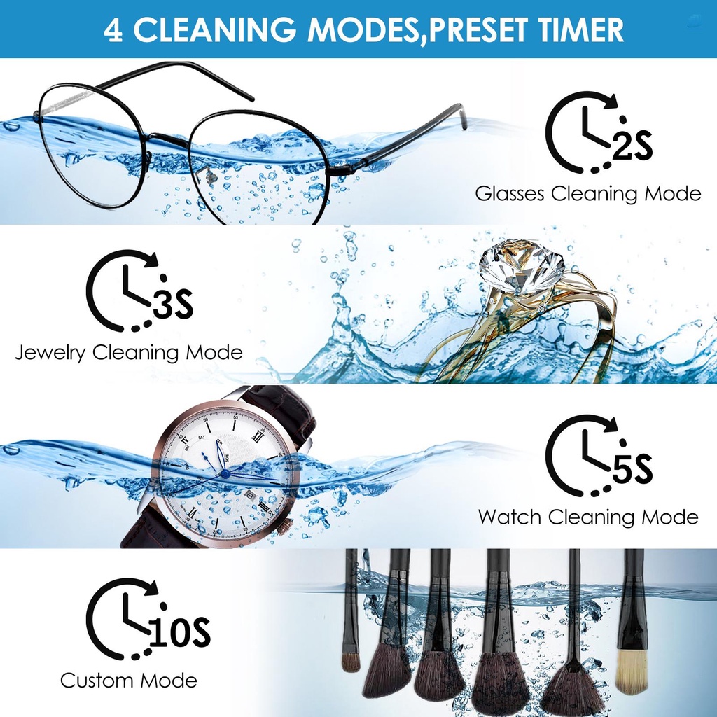 Máy Làm Sạch Trang Sức Siêu Âm Mini 400ml 45KHz 4 Chế Độ Hẹn Giờ