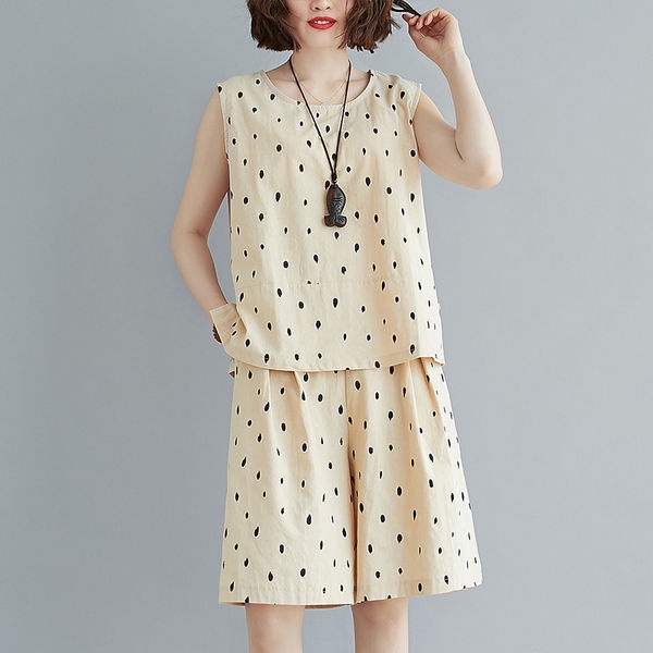 Bộ Áo Thun + Quần Short Ống Rộng Họa Tiết Chấm Bi Thời Trang Mùa Hè Cho Nữ