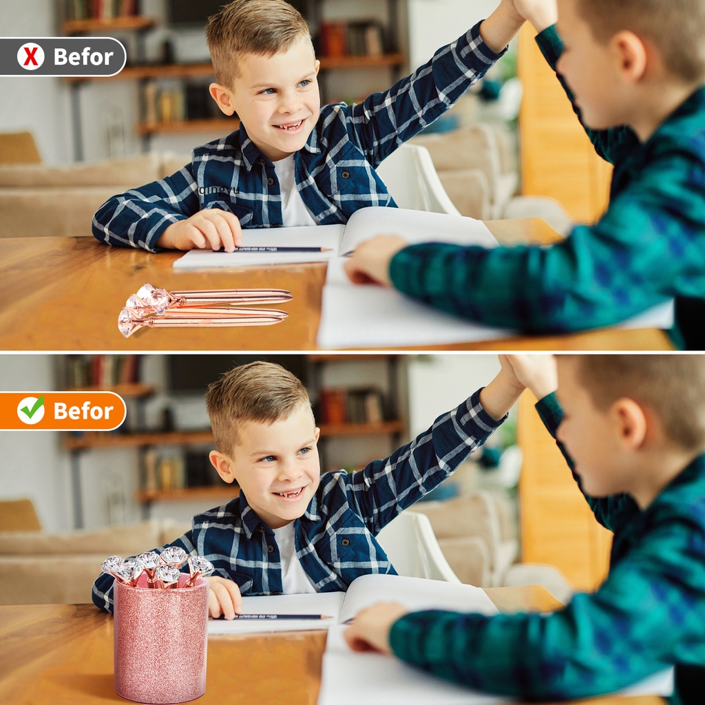 Giá Đỡ Bút + 6 Cốc Đựng Bút Màu Vàng Hồng Lấp Lánh Tiện Dụng Cho Học Sinh / Văn Phòng