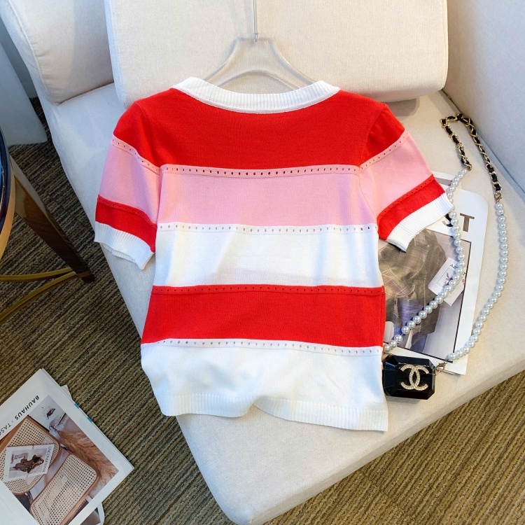 Áo Thun Dệt Kim Tay Ngắn Cổ Tròn Họa Tiết Kẻ Sọc Màu Tương Phản Thời Trang Mùa Hè Mới Cho Nữ