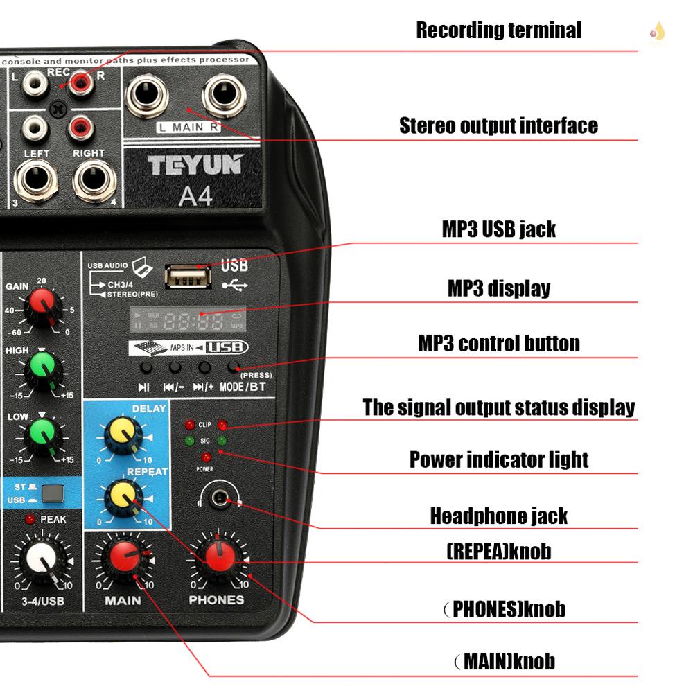 Máy Trộn Âm Thanh BT TU04 5V 2A Phantom Power Monitor AUX Paths Plus Hiệu Ứng 4 Kênh Kèm USB