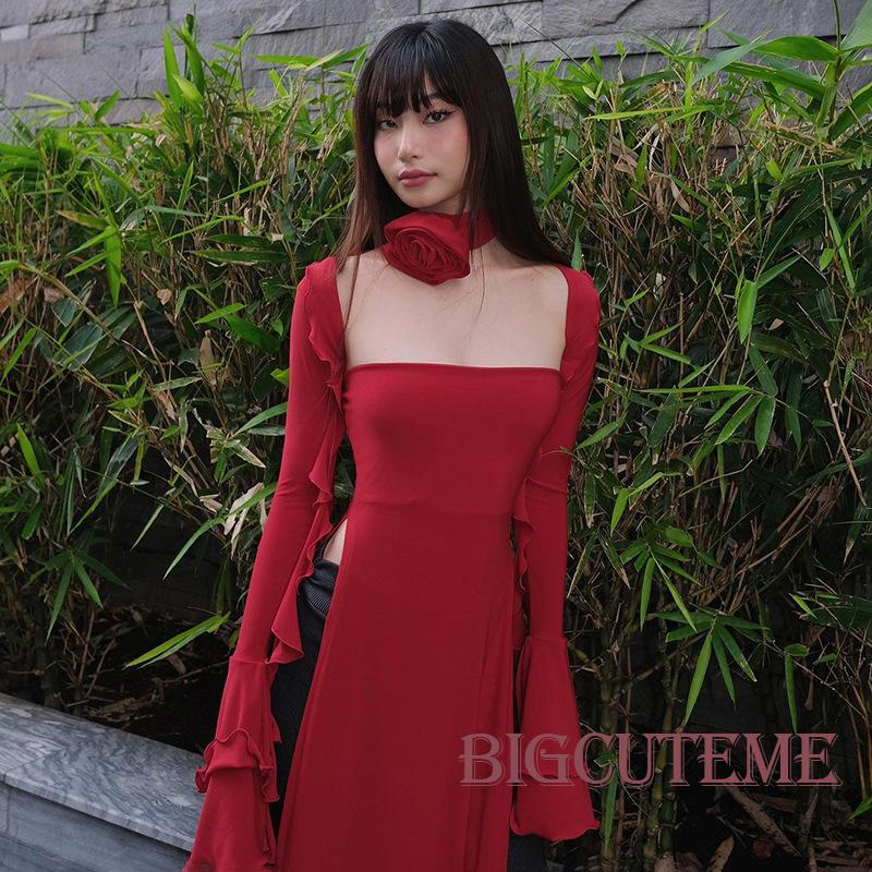 [] Đầm Dài Mùa Hè Không Dây Xẻ Tà Bên Hông Tay Dài Bolero Shrug &amp; Choker Hoa Hồng Cho Nữ