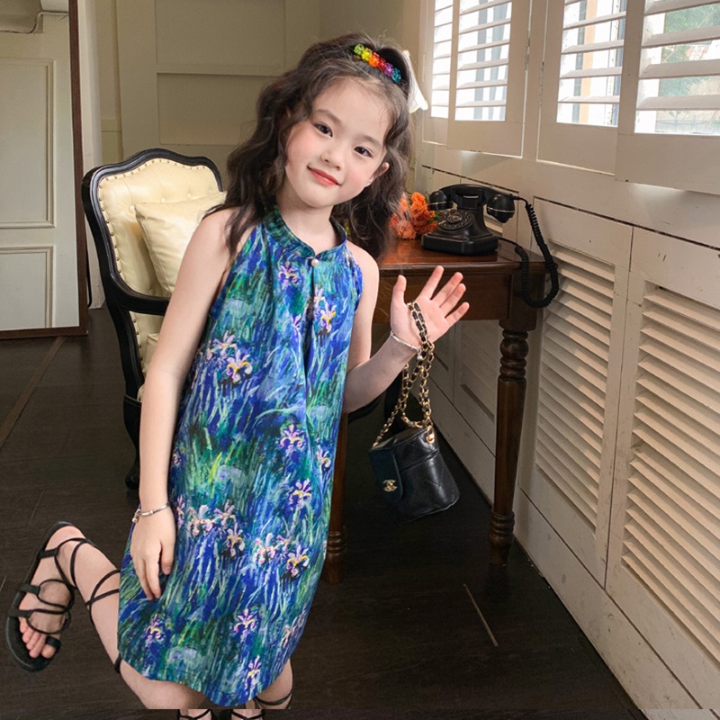 Đầm Hai Dây Đính Ngọc Trai Họa Tiết Tranh Sơn Dầu Thời Trang Mùa Hè Cho Bé Gái 1-6 Tuổi