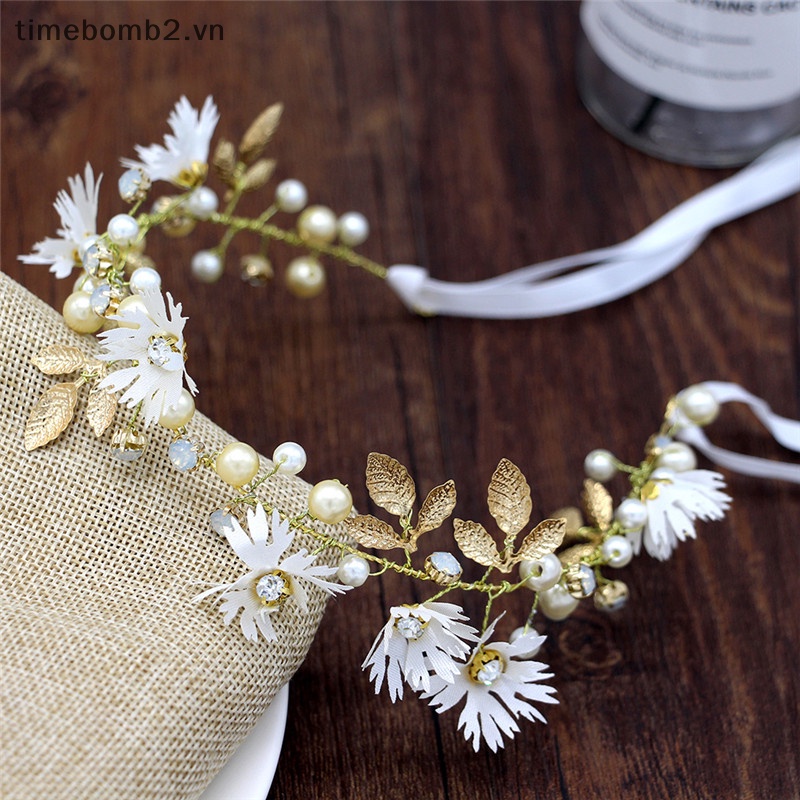 Vòng Hoa Cài Tóc Phối Ruy Băng Xinh Xắn Cho Cô Dâu .