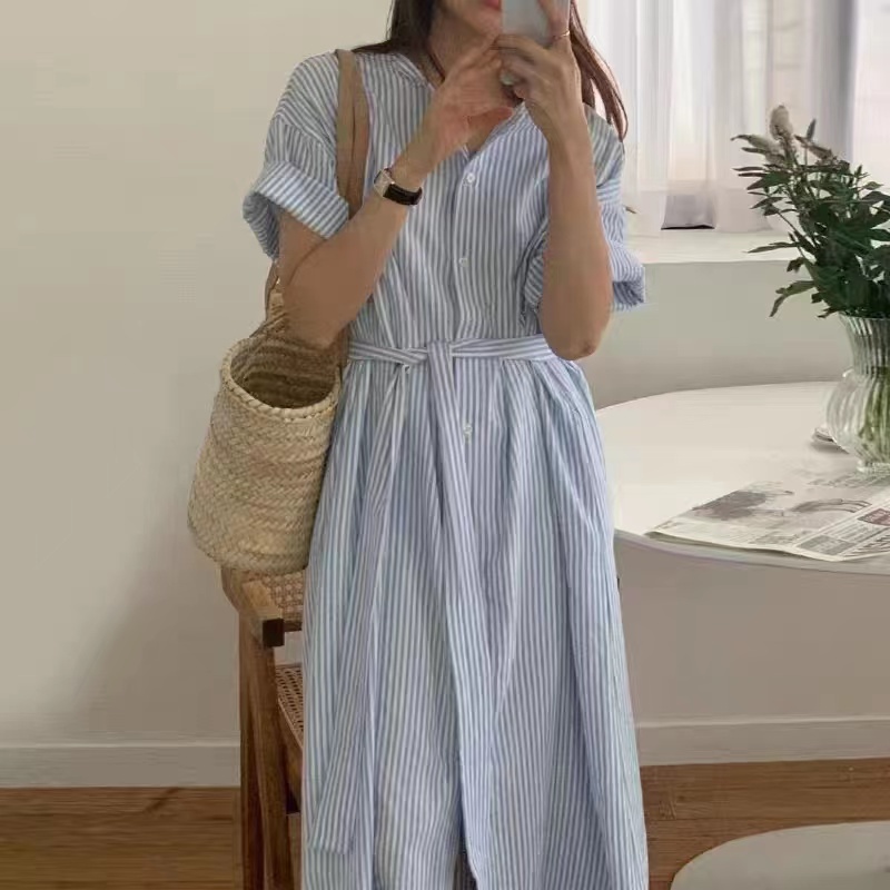 Đầm Ngắn Tay Dáng Rộng Họa Tiết Kẻ Sọc Màu Xanh Dương Phong Cách Hàn Quốc Thời Trang Mới 2023 Cho Nữ
