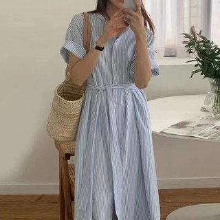Đầm Ngắn Tay Dáng Rộng Họa Tiết Kẻ Sọc Màu Xanh Dương Phong Cách Hàn Quốc Thời Trang Mới 2023 Cho Nữ