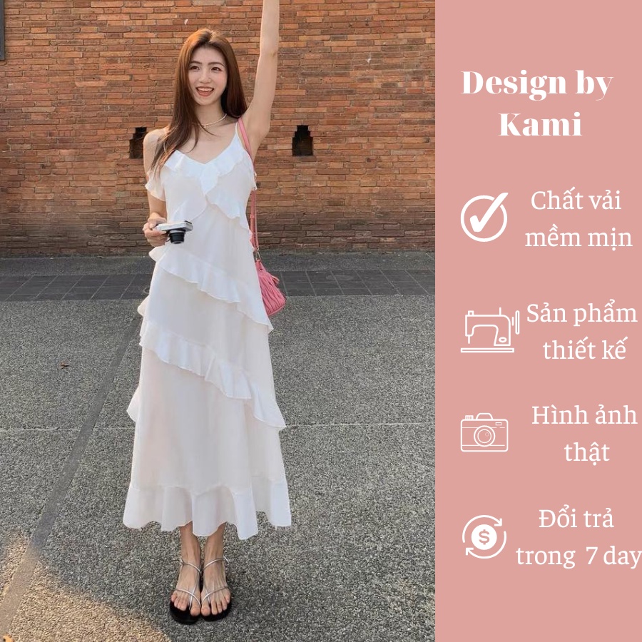 Váy lụa trắng hai dây dáng dài phối viền bèo Sulli dress size SMLXL Design by Kami