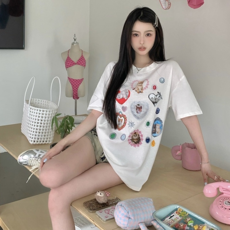 Áo Thun Dáng Rộng In Hình Chó Mèo Dễ Thương Thời Trang Mùa Hè Cho Nữ