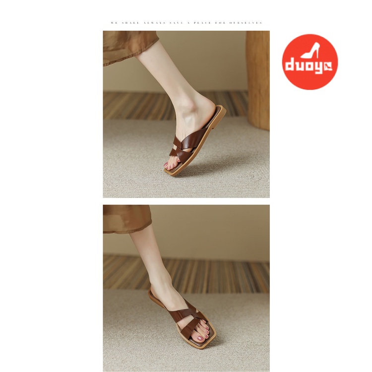 Duoya Hair Thẳng ~ [Hàng Có Sẵn] Dép Sandal Đế Phẳng Hở Ngón Mũi Vuông Phong Cách Retro Mùa Hè Đơn Giản Cho Nữ Đi Biển Ngoài Trời