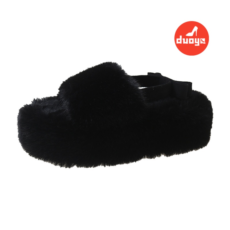 Duoya Tóc Thẳng ~ [Hàng Có Sẵn] Dép Bông Xù Dày Dặn Hở Ngón Quai Lông Cừu Thời Trang Mùa Đông Cho Nữ