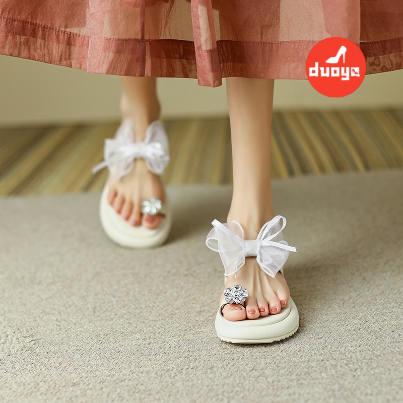 Duoya Tóc Thẳng ~ [Hàng Có Sẵn] Dép Sandal Xỏ Ngón Bằng Da Thật Mềm Đế Dày Đính Đá Phối Ren Nơ Thời Trang Mùa Hè Cho Nữ Miễn Phí Vận