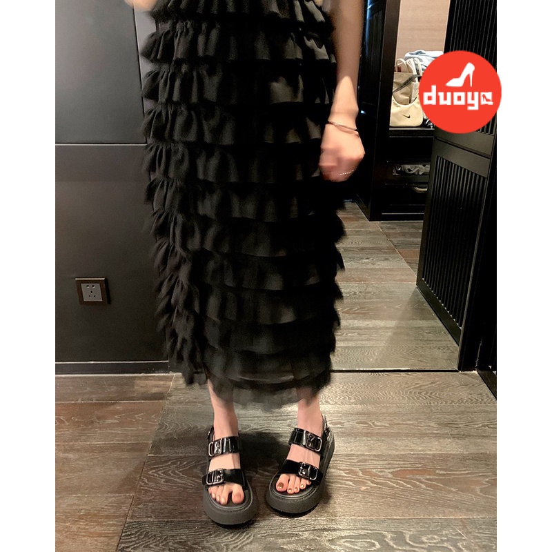 Duoya Tóc Thẳng ~ [Hàng Có Sẵn] Sandal Đế Xuồng Hở Ngón Tăng Chiều Cao Có Khóa Cài Phong Cách Preppy Hợp Thời Trang Miễn Phí Vận