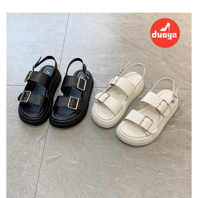 Duoya Tóc Thẳng ~ [Hàng Có Sẵn] Giày Sandal Đế Dày Hở Ngón Bằng Da Mềm Có Khóa Kim Loại Thời Trang Mùa Hè Cho Nữ Miễn Phí Vận Chuyển