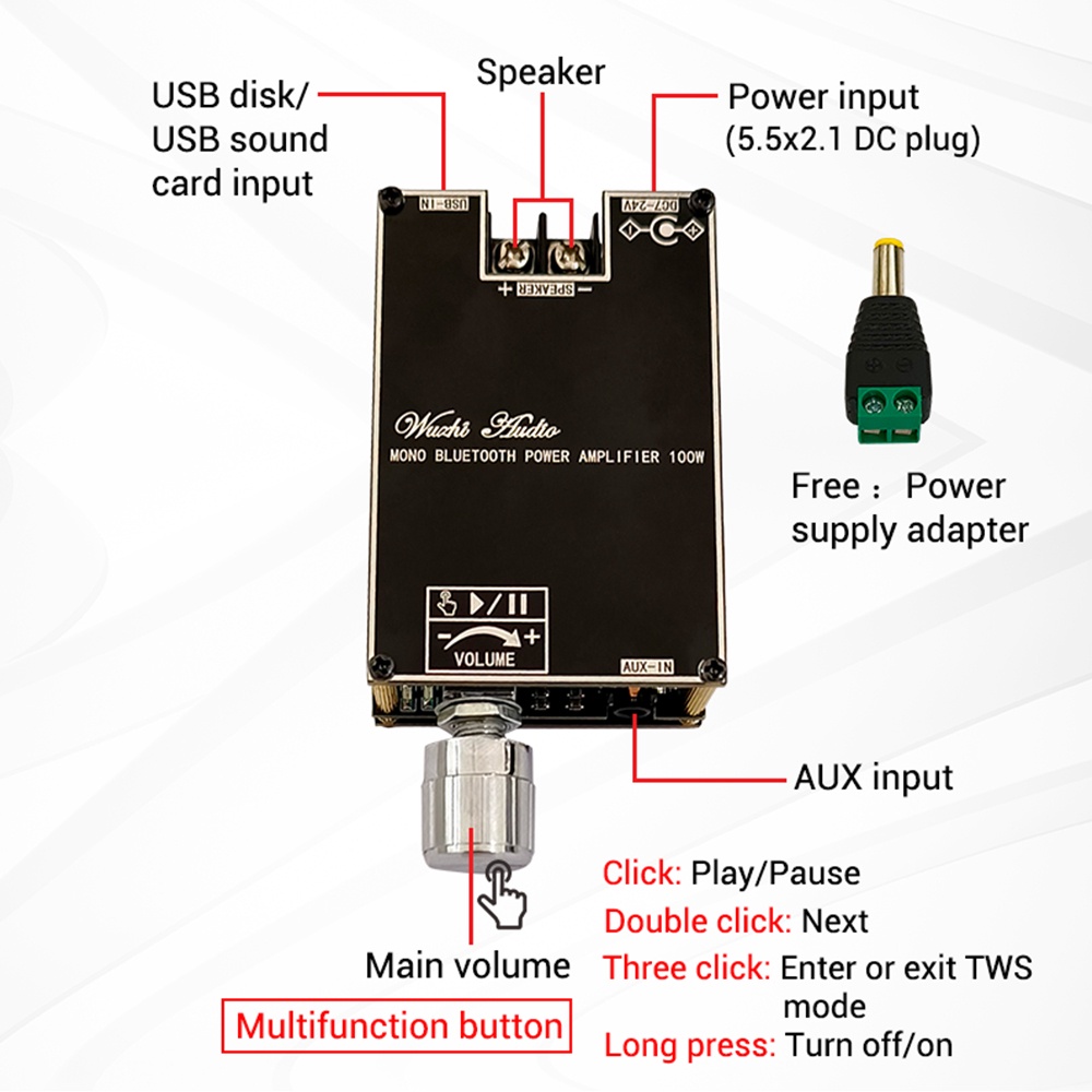 Bảng mạch RIRIHI khuếch đại âm thanh kỹ thuật số kênh đơn ZK-1001B TPA3116 100W DC 7V 24V TPA3116