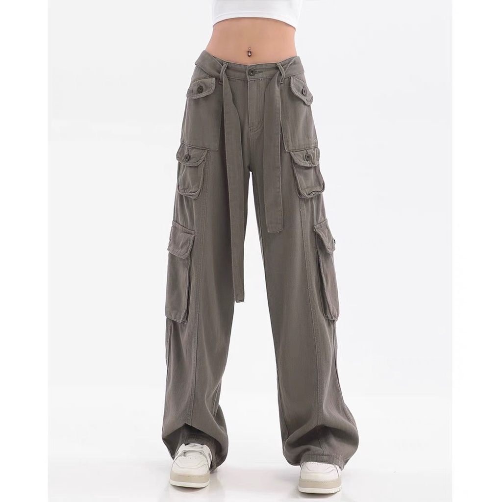 Quần JEAN Túi Hộp HIPHOP Nhiều Túi Lưng Cao Ống Rộng Phong Cách Retro Mỹ