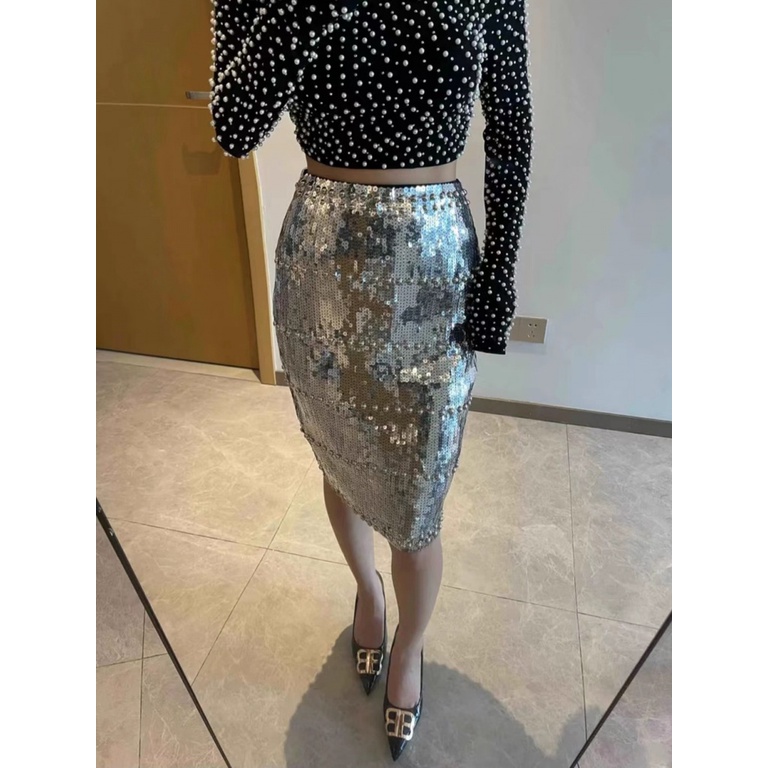 Chân Váy Đen Đính Sequin Lấp Lánh Thời Trang Vintage Cho Nữ