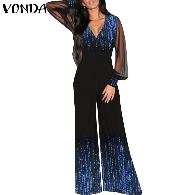 Bộ Áo Liền Quần Tay Phồng Cổ Chữ V Ống Rộng Phong Cách Vintage Dành Cho Nữ