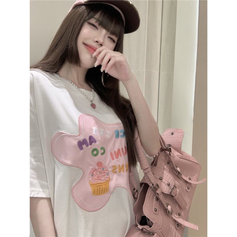 Áo Thun Ngắn Tay Dáng Rộng Thêu Họa Tiết Xinh Xắn