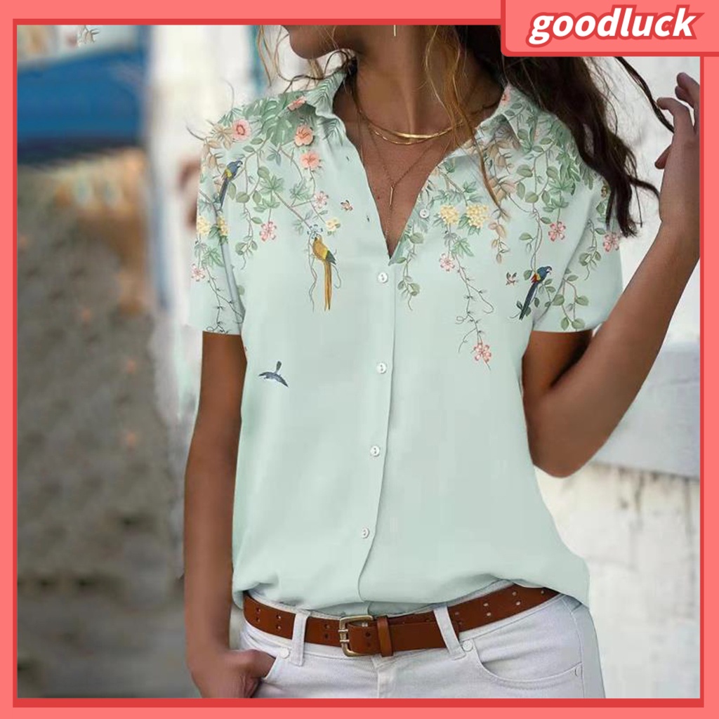 Áo Sơ Mi Tay Ngắn Cổ Bẻ Cài Khuy In Họa Tiết Hoa Thời Trang Mùa Hè Xinh Xắn Cho Nữ
