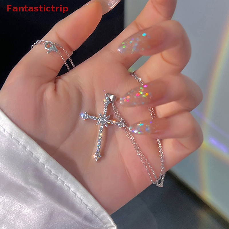 [Fantastictrip] Vòng Cổ Choker Dây Xích Mặt Chữ Thập Đính Đá Zircon Màu Bạc Thời Trang Mới Cho Nữ