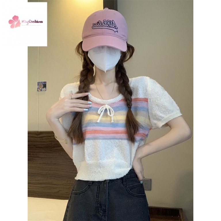 Áo Sweater Dệt Kim Kẻ Sọc Cầu Vồng Phối Nơ Phong Cách Thời Trang Mới 2023