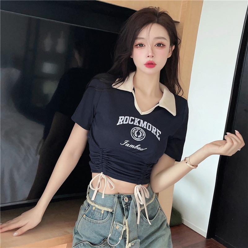 Áo Thun polo Ngắn Tay Ôm Dáng Phối Dây Rút Thời Trang Dành Cho Nữ