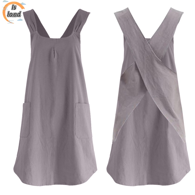 Tạp Dề Cotton Lanh Màu Trơn Dây Chéo Có Túi 2 Ngăn Phong Cách Nhật Hàn Đơn Giản Cho Nữ