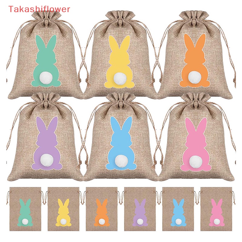 Set 6 / 24 Túi Đựng Bánh Kẹo Bằng Vải Lanh Họa Tiết Thỏ Phục Sinh Dễ Thương