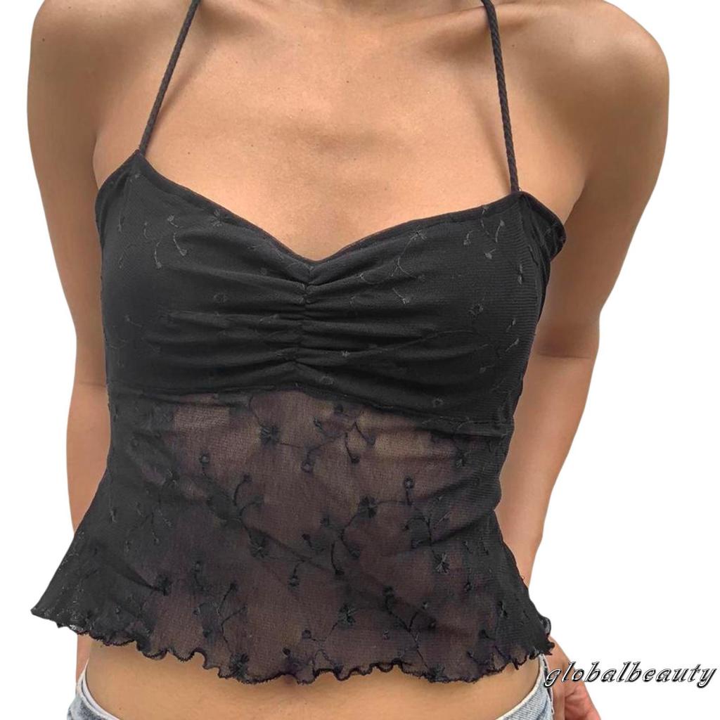 Áo Kiểu Không Tay Hở Lưng Nhìn Xuyên Thấu Họa Tiết Hoa Dành Cho Nữ