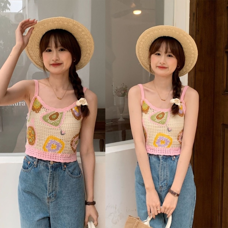 Áo Croptop Dệt Kim Không Tay In Họa Tiết Hoa Thời Trang Dành Cho Nữ