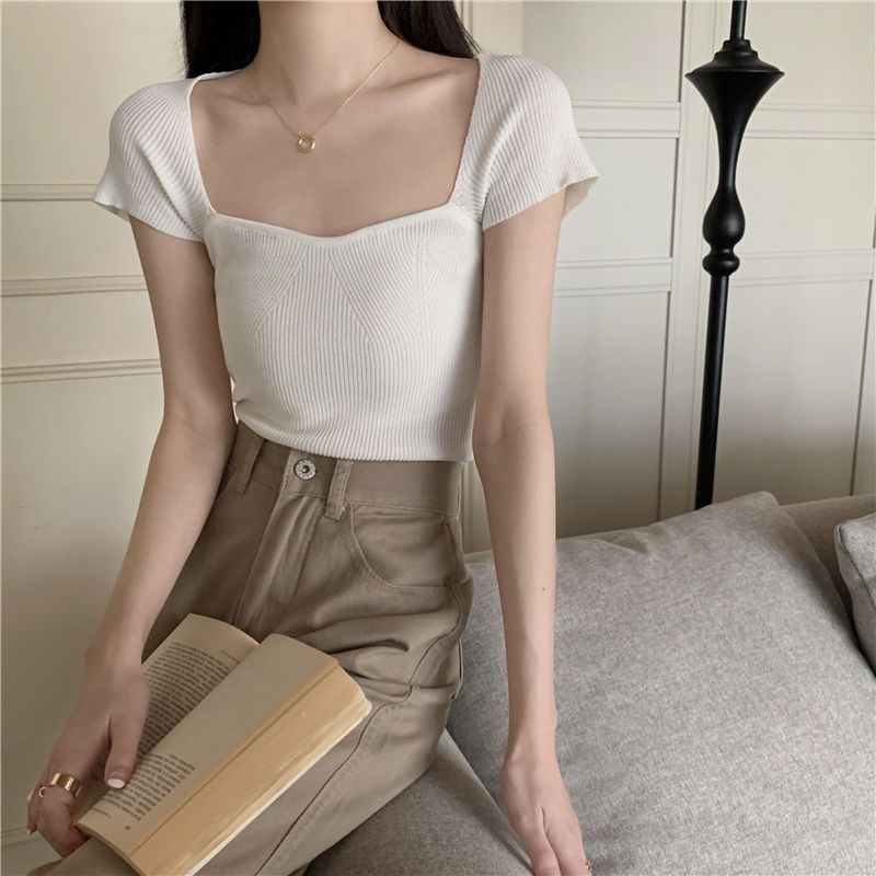 COZOK Áo Thun Dệt Kim Ngắn Tay Cổ Vuông Dáng Ôm Thời Trang Đơn Giản