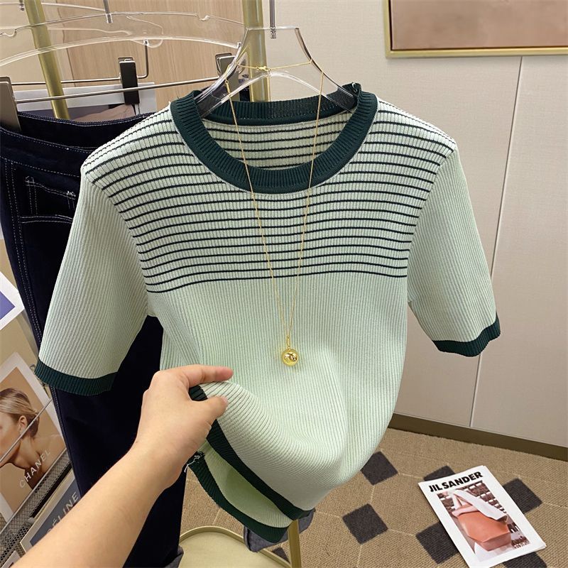 Áo Thun Tay Ngắn Cổ Tròn Họa Tiết Kẻ Sọc Thời Trang Mùa Hè Dễ Thương Cho Nữ