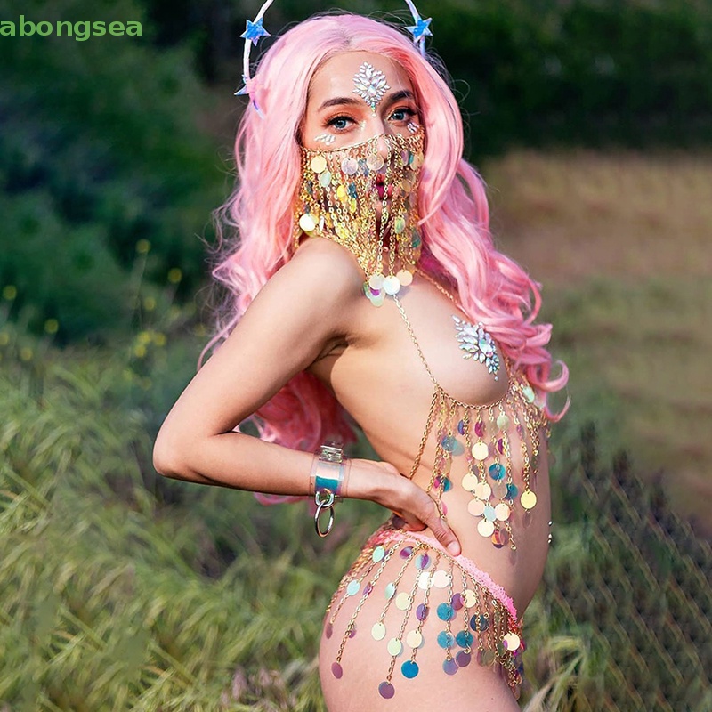 Abongsea Bộ Áo Ngực Dây Xích Tua Rua Nhiều Lớp Đính Kim Sa Gợi Cảm Thời Trang Cho Nữ y2k