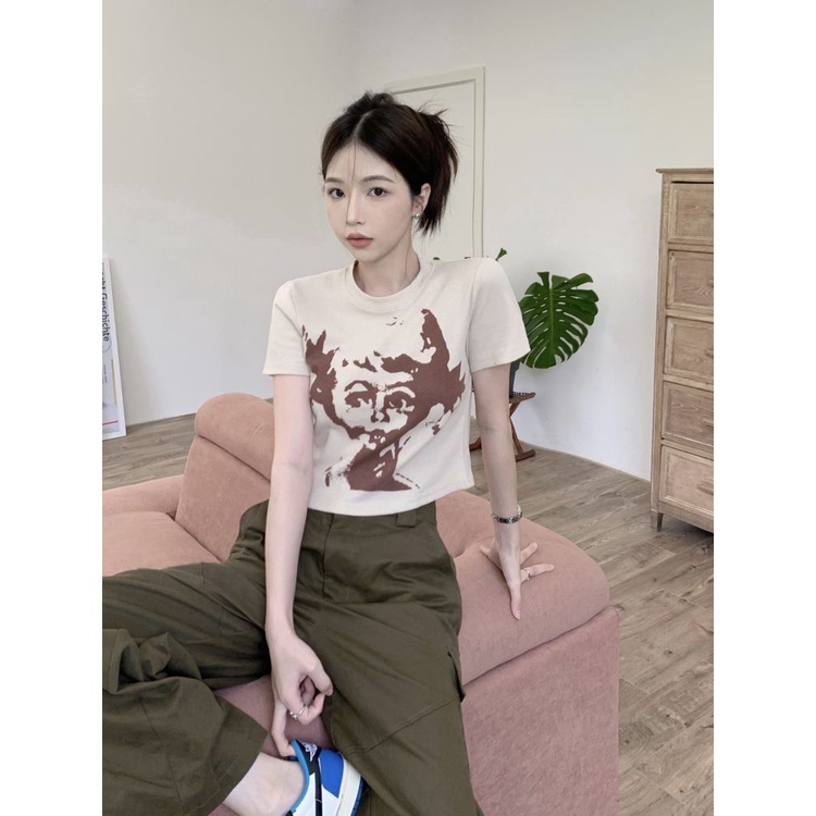 Áo CropTop Thun Ngắn Tay Dáng Rộng In Họa Tiết Retro Thời Trang Cho Nữ