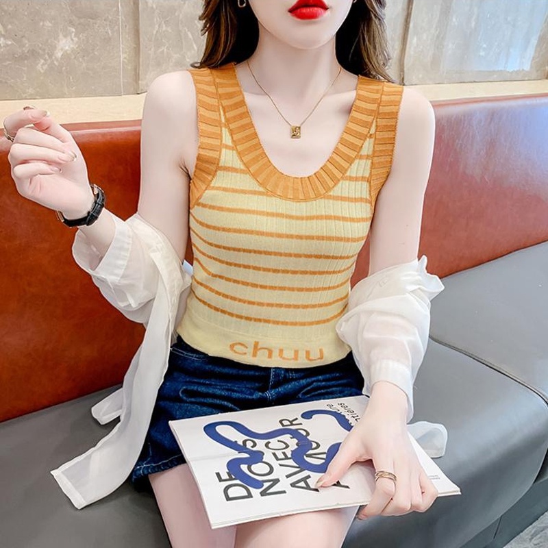 Áo Tank Top Dệt Kim Hoạ Tiết Kẻ Sọc Thời Trang Mùa Hè Phong Cách Hàn Quốc Cho Phái Nữ