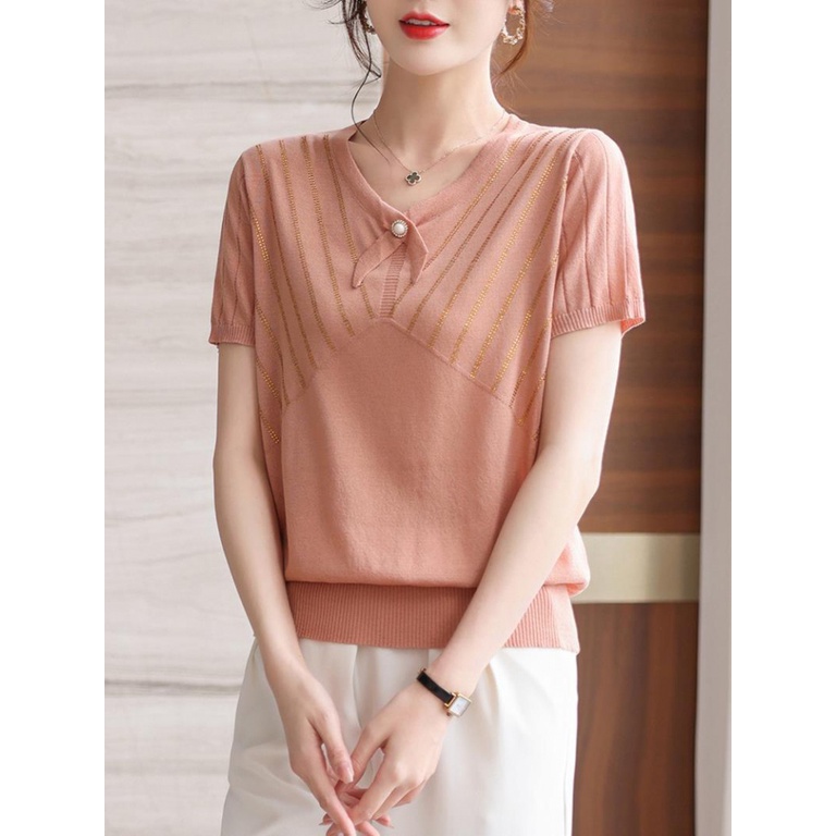 Áo Thun Lụa Lạnh Tay Ngắn Cổ Chữ V Thời Trang Mùa Hè Mới Cho Phụ Nữ Trung Niên