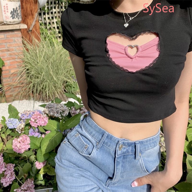 Áo Croptop Họa Tiết Trái Tim Ngọt Ngào Thời Trang Mùa Hè Hàn Quốc Cho Nữ