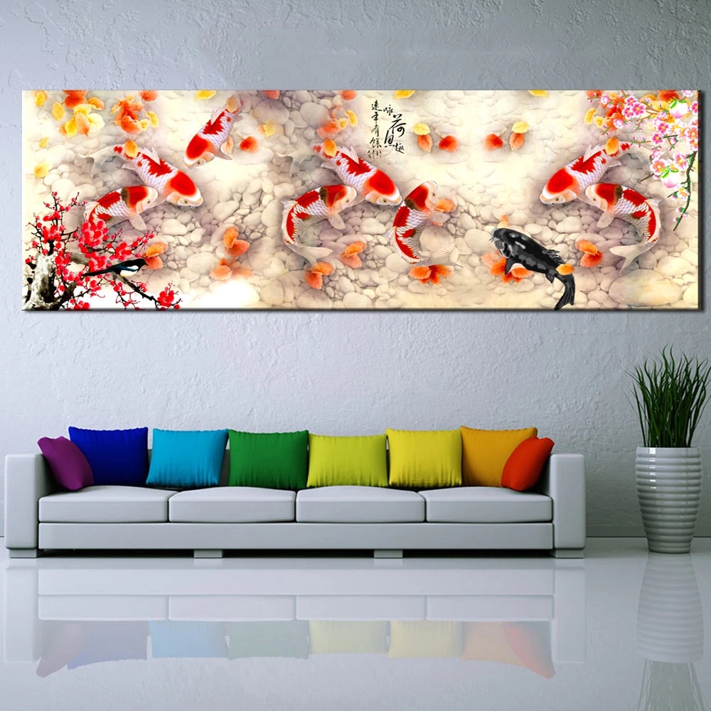 Tranh Vải Bạt Treo Tường In Hình Cá Koi Hoa Anh Đào Phong Cách Trung Hoa Trang Trí Nhà Cửa