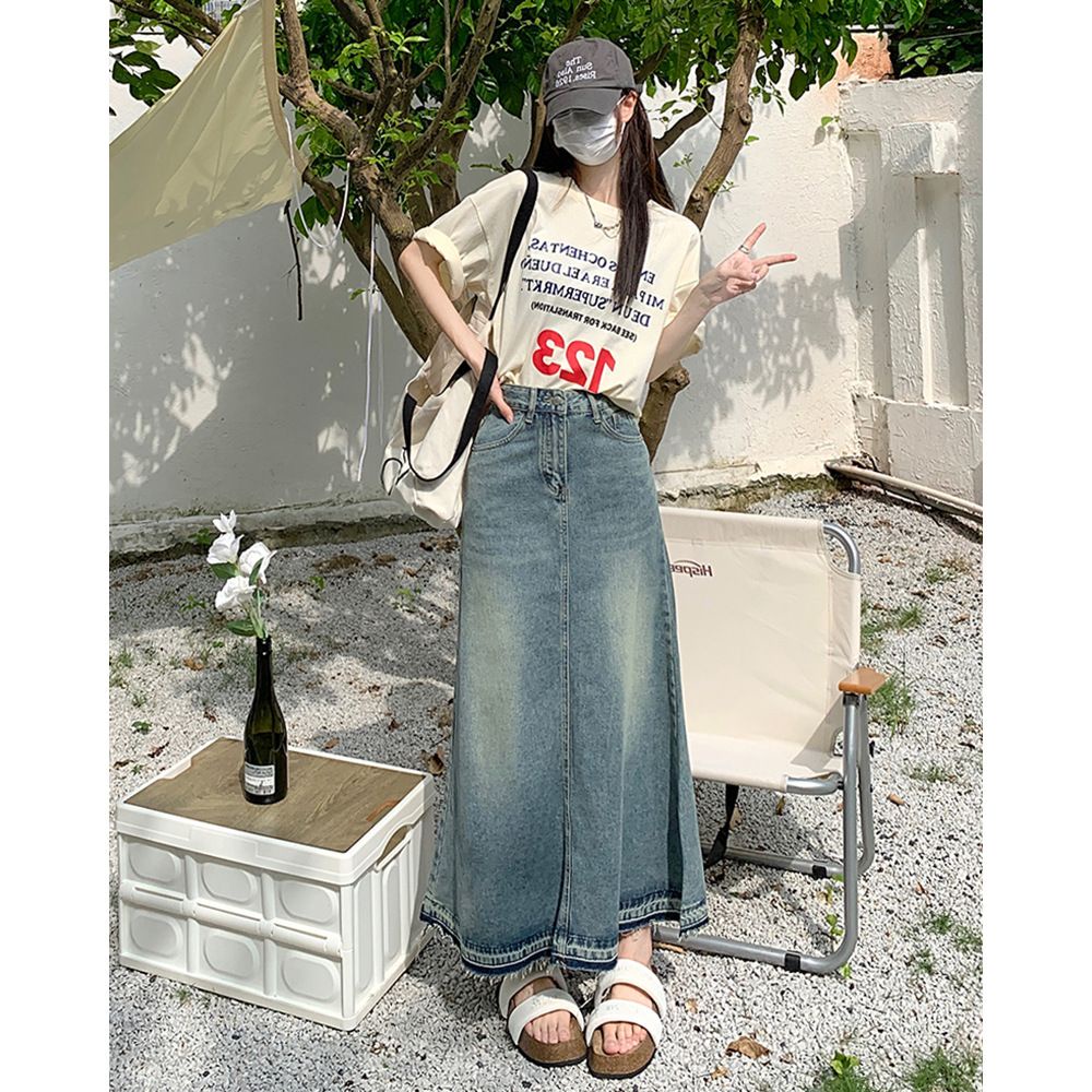 COZOK Váy denim Lưng Cao Dáng Dài Form Ôm Theo Phong Cách retro